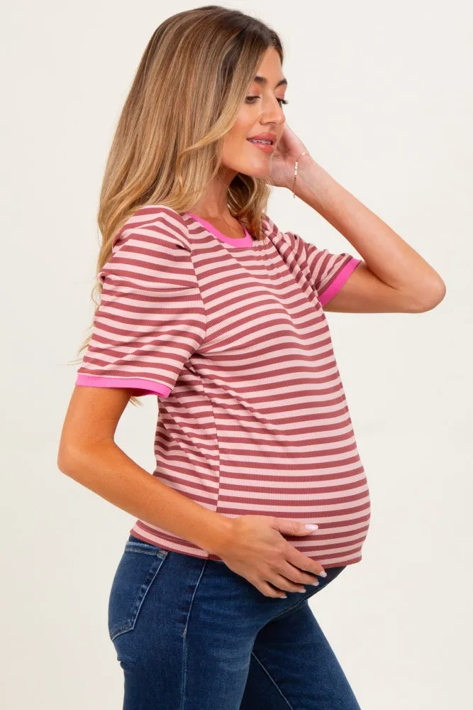 Burgundy Striped Ribbed Puff Sleeve Maternity Top sold by Pinkblush product image thumbnail 3