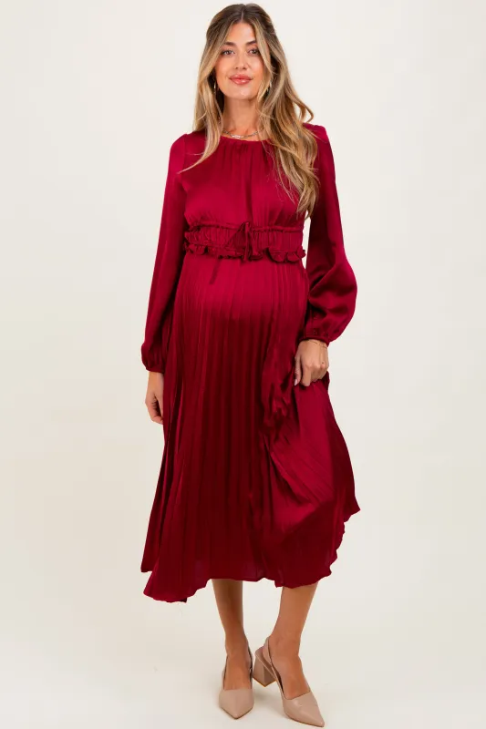 Burgundy Pleated Satin Smocked Waist Maternity Midi Dress sold by Pinkblush