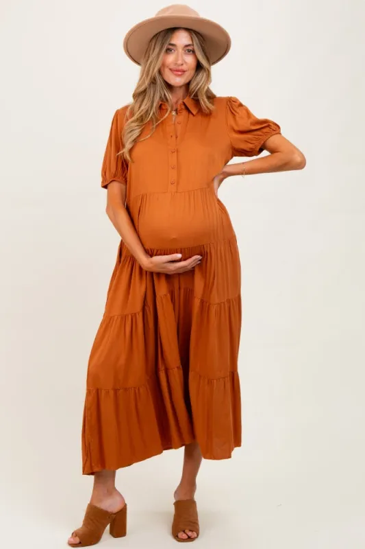 Camel Collared Button Down Tiered Maternity Midi Dress sold by Pinkblush