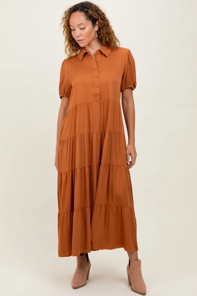 Camel Collared Button Down Tiered Maternity Midi Dress sold by Pinkblush product image thumbnail 5