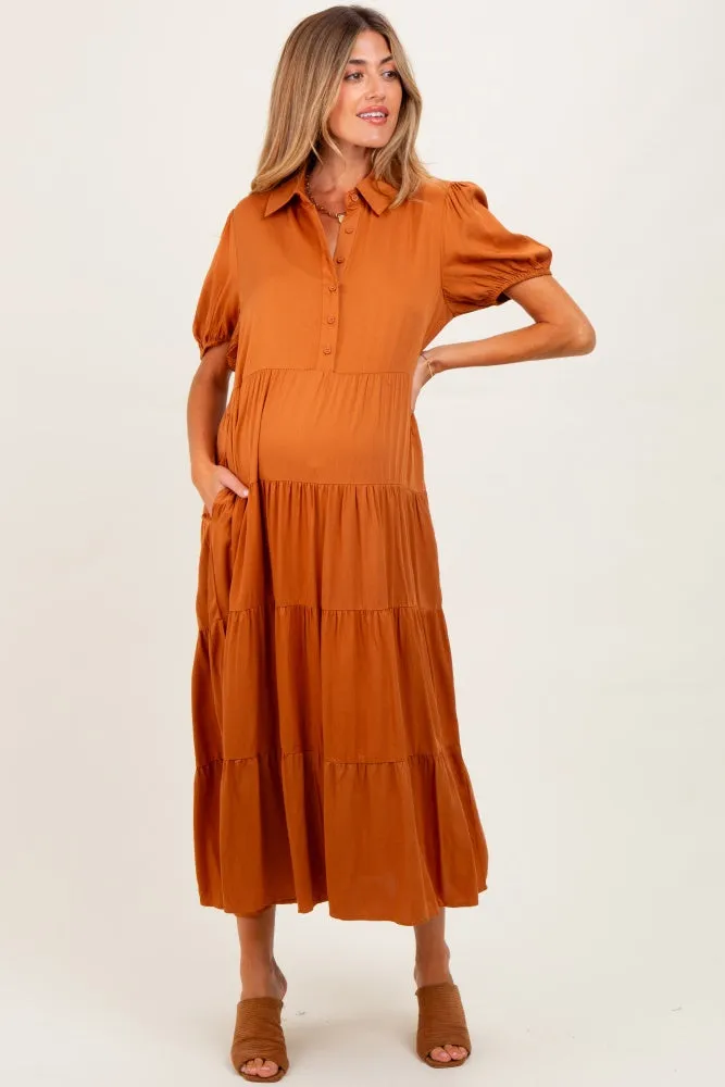 Camel Collared Button Down Tiered Maternity Midi Dress sold by Pinkblush product image thumbnail 2