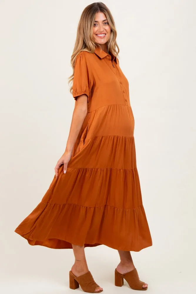 Camel Collared Button Down Tiered Maternity Midi Dress sold by Pinkblush product image thumbnail 3