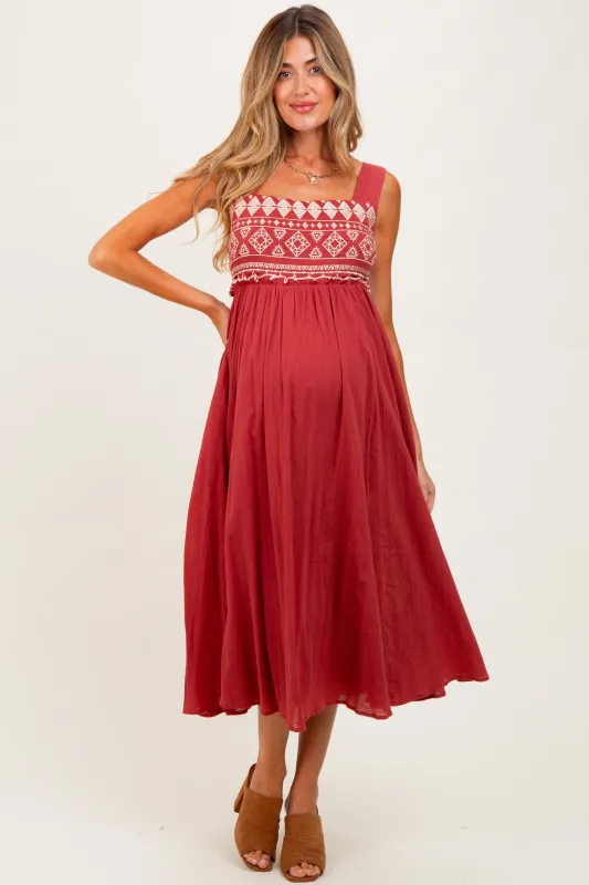 Rust Embroidered Sleeveless Maternity Midi Dress sold by Pinkblush