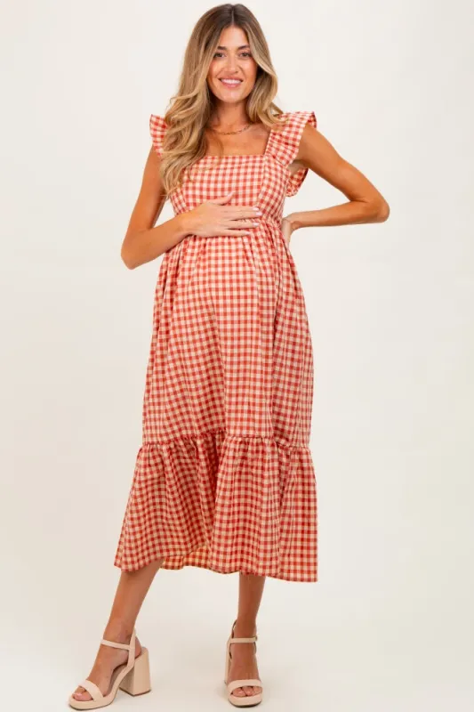 Rust Gingham Ruffle Strap Maternity Midi Dress sold by Pinkblush