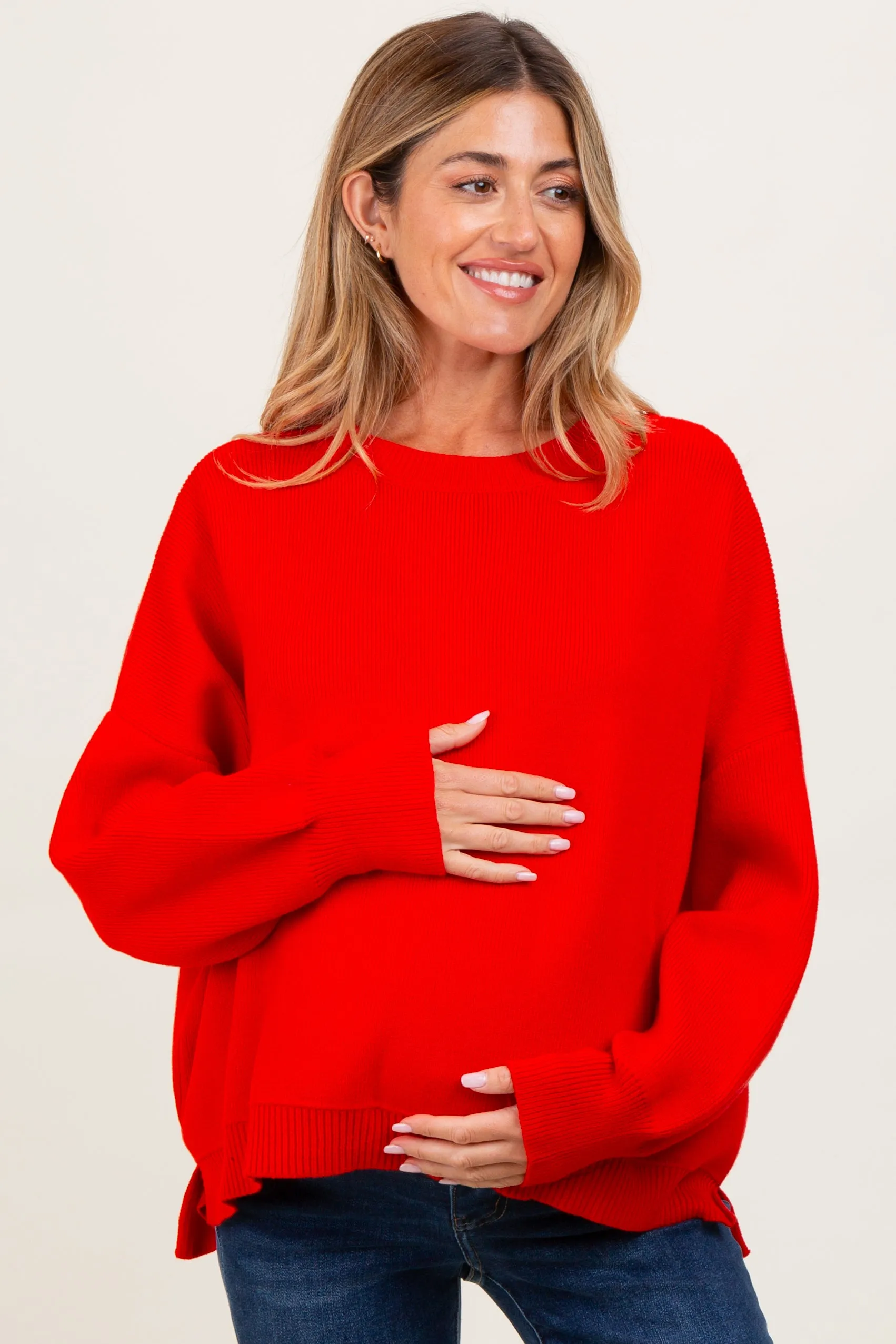 Red Drop Shoulder Relaxed Fit Maternity Sweater sold by Pinkblush