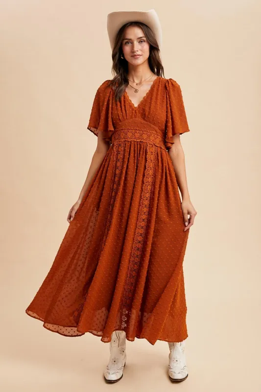Rust Swiss Dot Crochet Lace Accent Maxi Dress sold by Pinkblush