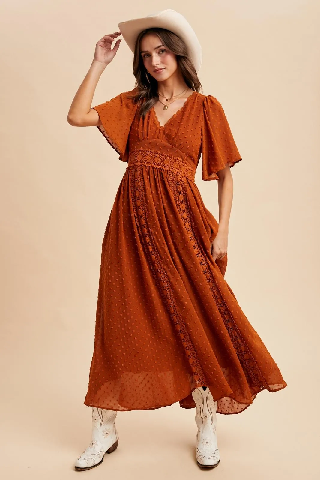Rust Swiss Dot Crochet Lace Accent Maxi Dress sold by Pinkblush product image thumbnail 2