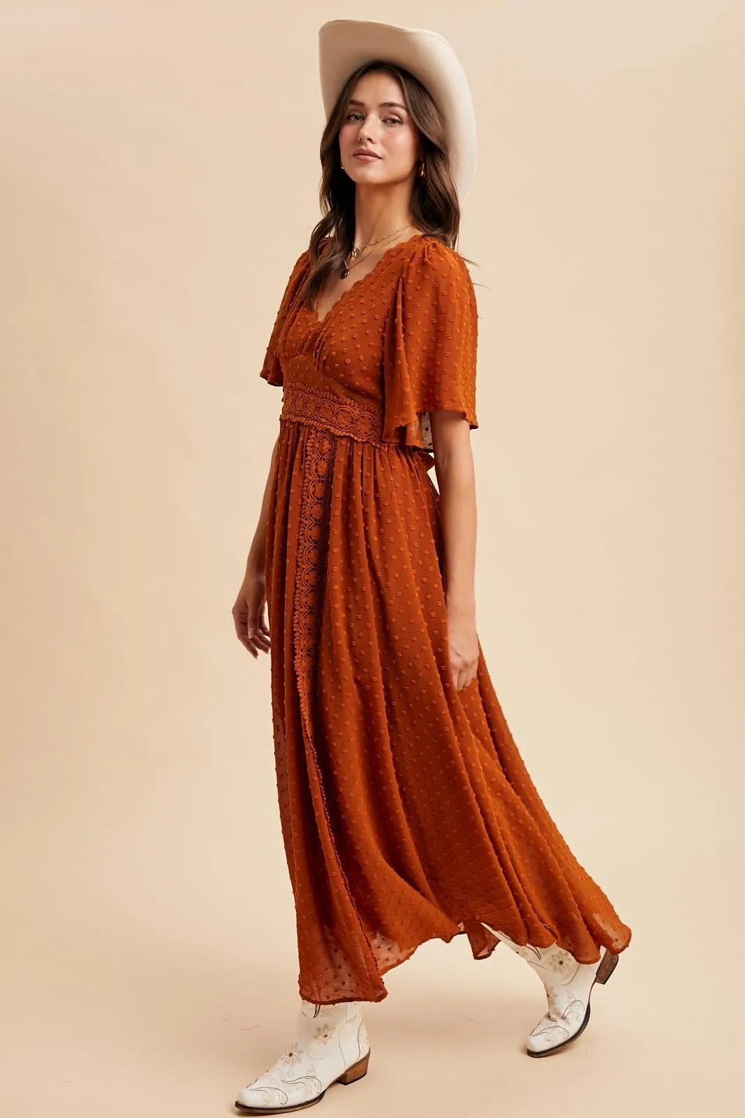 Rust Swiss Dot Crochet Lace Accent Maxi Dress sold by Pinkblush product image thumbnail 3