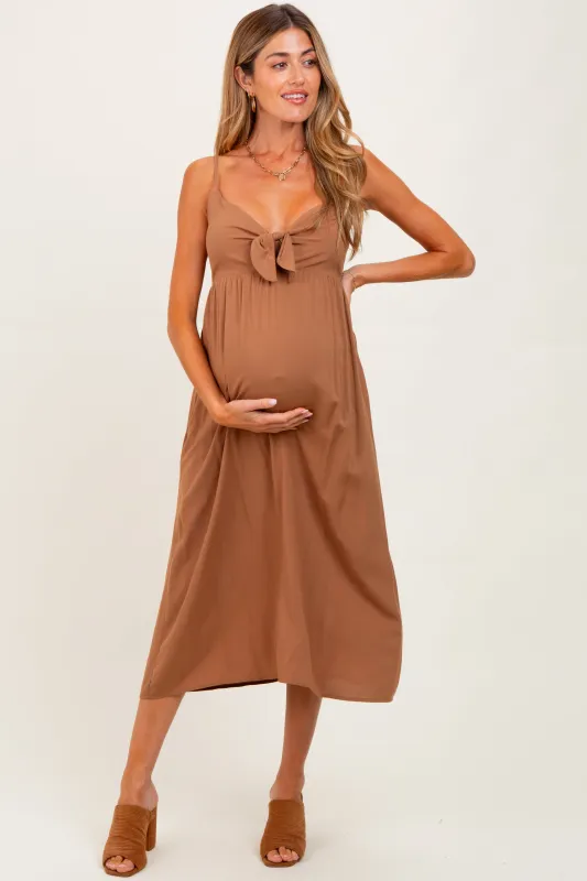 Camel Front Tie Sleeveless Maternity Midi Dress sold by Pinkblush