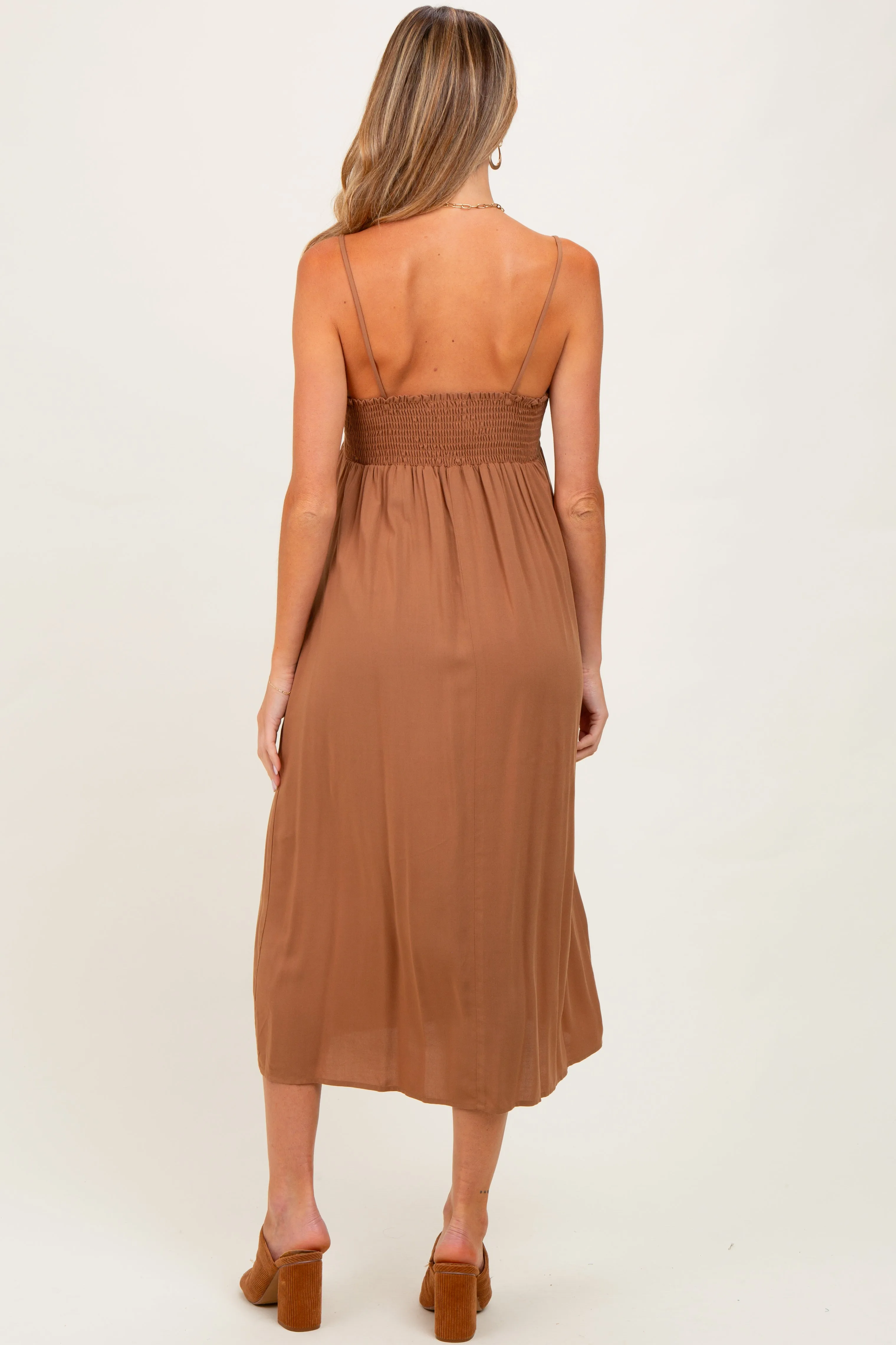 Camel Front Tie Sleeveless Maternity Midi Dress sold by Pinkblush product image thumbnail 3