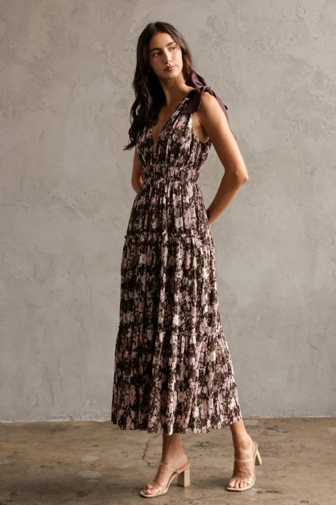 Brown Floral V-Neck Shoulder Tie Midi Dress sold by Pinkblush product image thumbnail 3