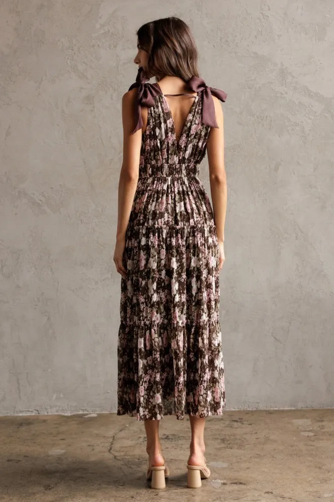 Brown Floral V-Neck Shoulder Tie Midi Dress sold by Pinkblush product image thumbnail 4