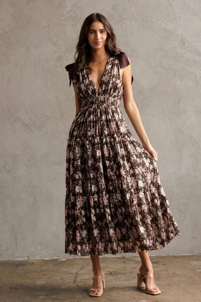 Brown Floral V-Neck Shoulder Tie Midi Dress sold by Pinkblush