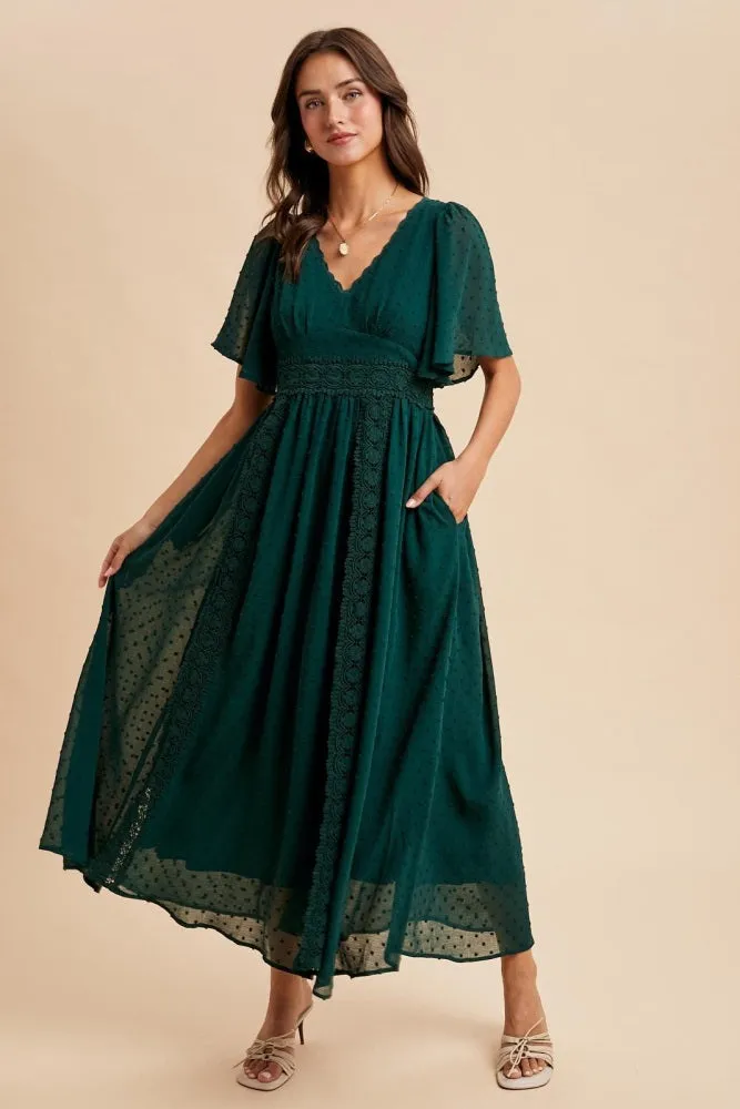 Forest Green Swiss Dot Crochet Lace Accent Maxi Dress sold by Pinkblush