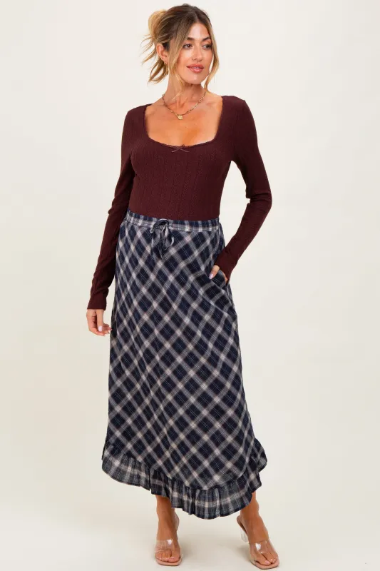 Navy Plaid Ruffle Trim Maternity Maxi Skirt sold by Pinkblush