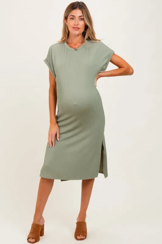 Olive Ribbed Short Sleeve Maternity Midi Dress sold by Pinkblush