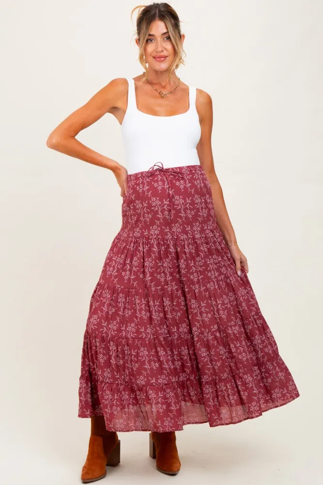 Rust Floral Drawstring Tiered Maternity Maxi Skirt sold by Pinkblush