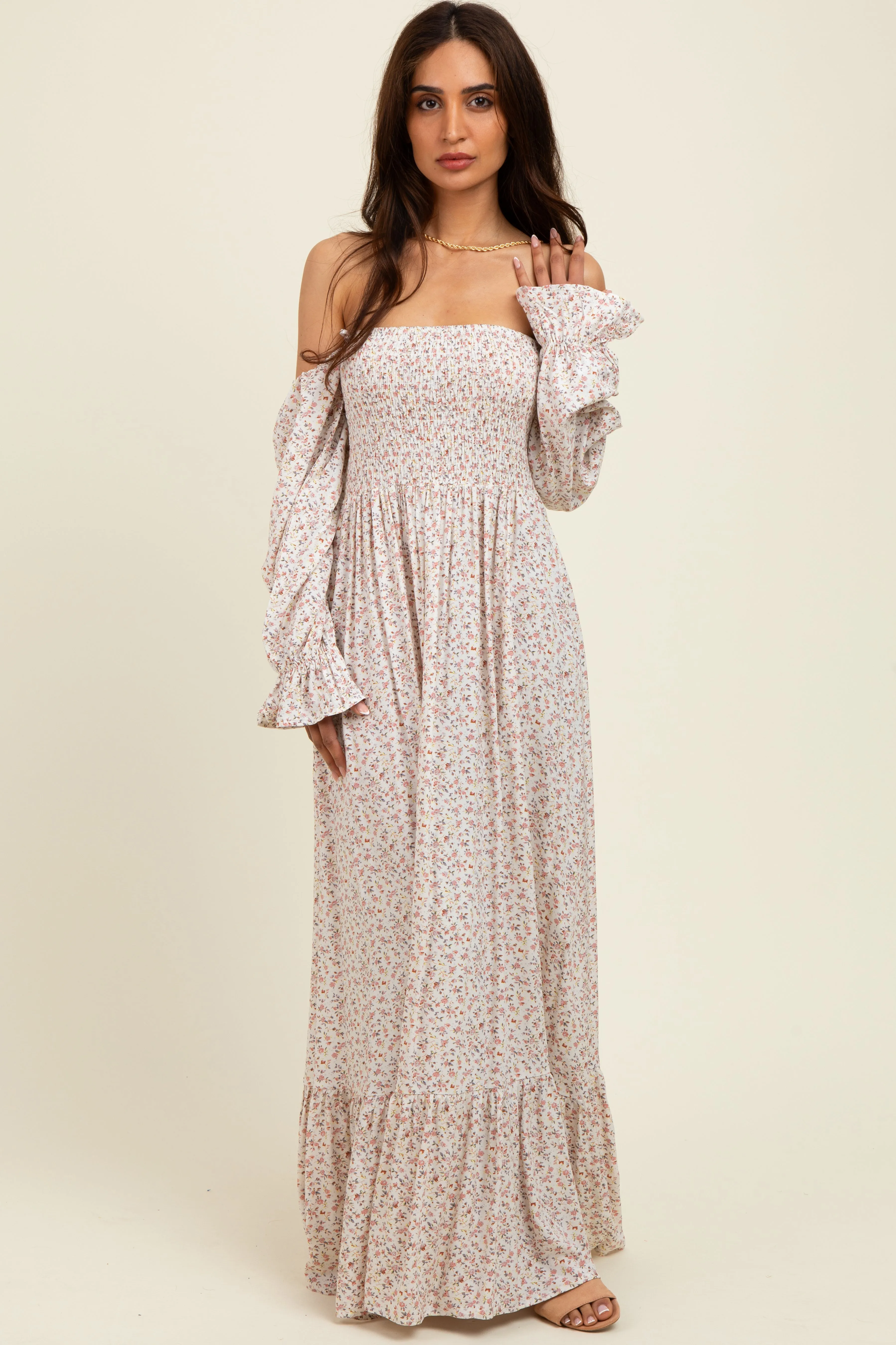 Cream Floral Smocked Off Shoulder Maternity Maxi Dress sold by Pinkblush product image thumbnail 4