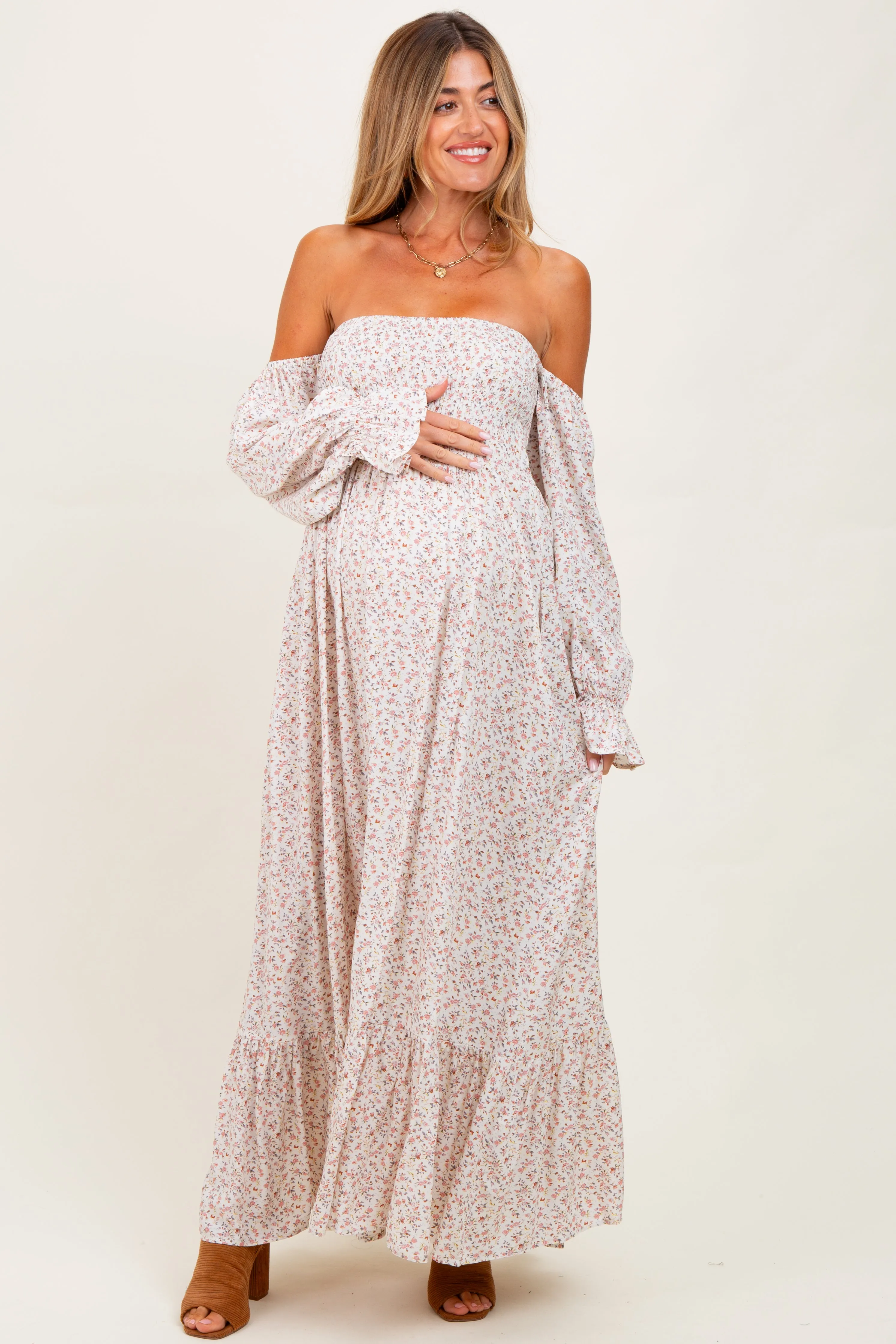 Cream Floral Smocked Off Shoulder Maternity Maxi Dress sold by Pinkblush