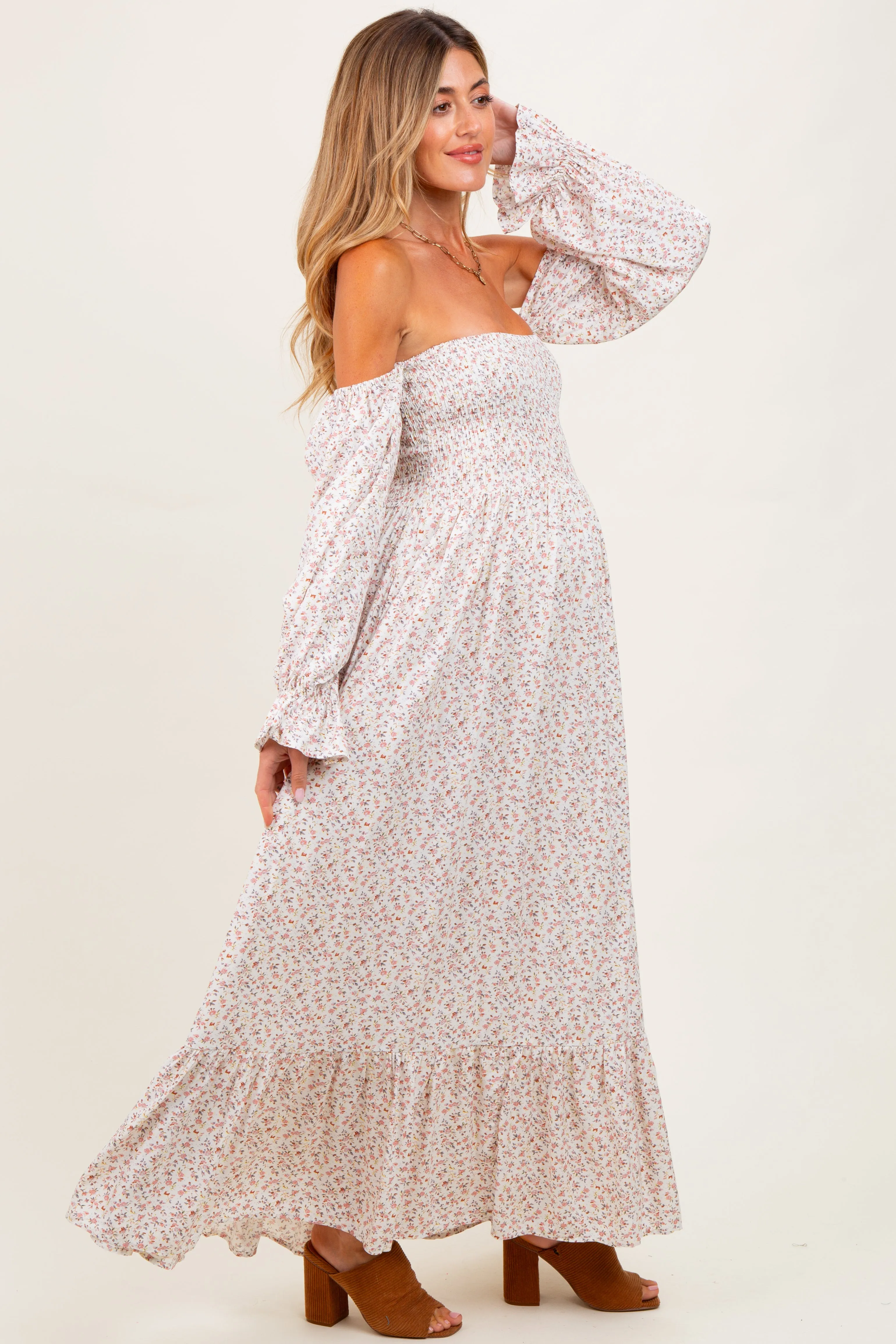Cream Floral Smocked Off Shoulder Maternity Maxi Dress sold by Pinkblush product image thumbnail 2