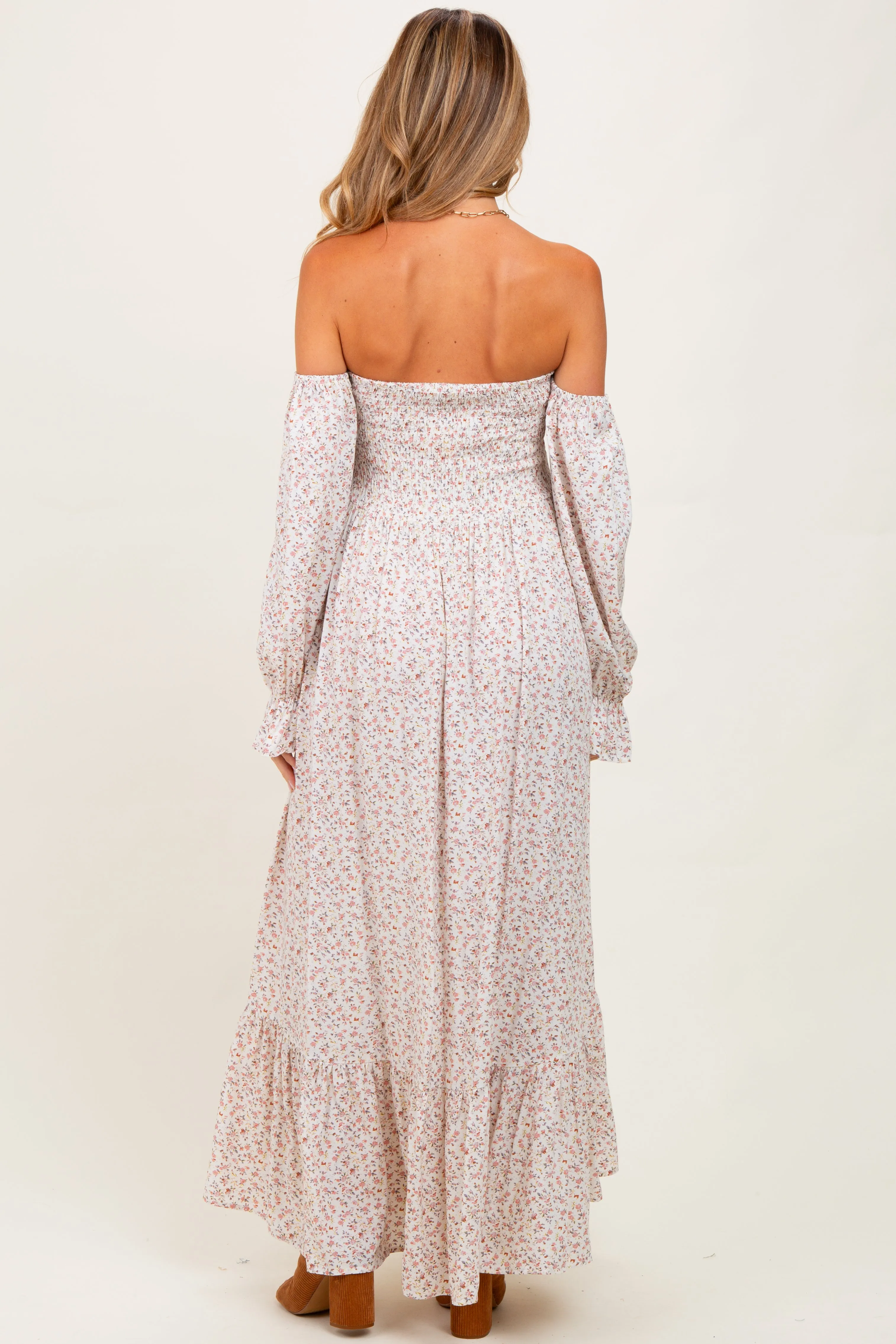 Cream Floral Smocked Off Shoulder Maternity Maxi Dress sold by Pinkblush product image thumbnail 3
