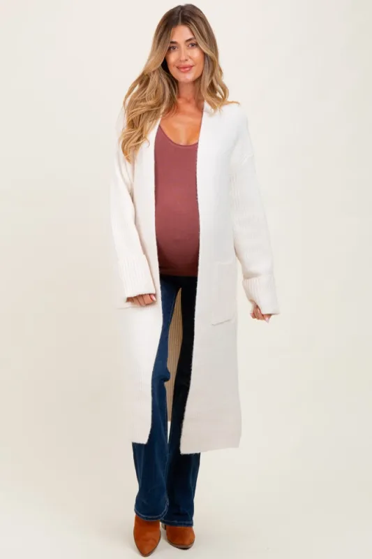 Ivory Ribbed Chunky Knit Long Oversized Maternity Cardigan sold by Pinkblush