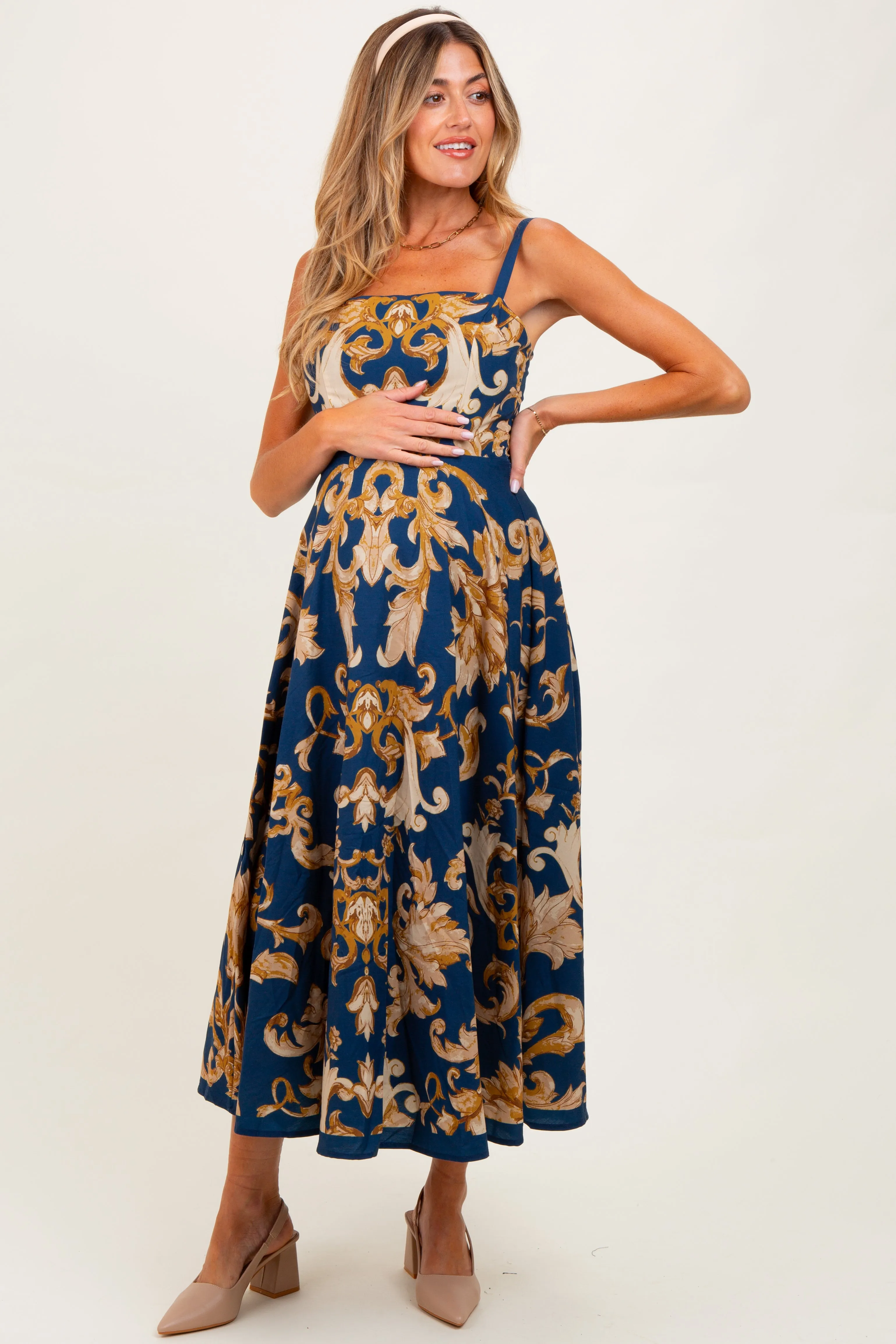 Dark Teal Damask Sleeveless Maternity Maxi Dress sold by Pinkblush