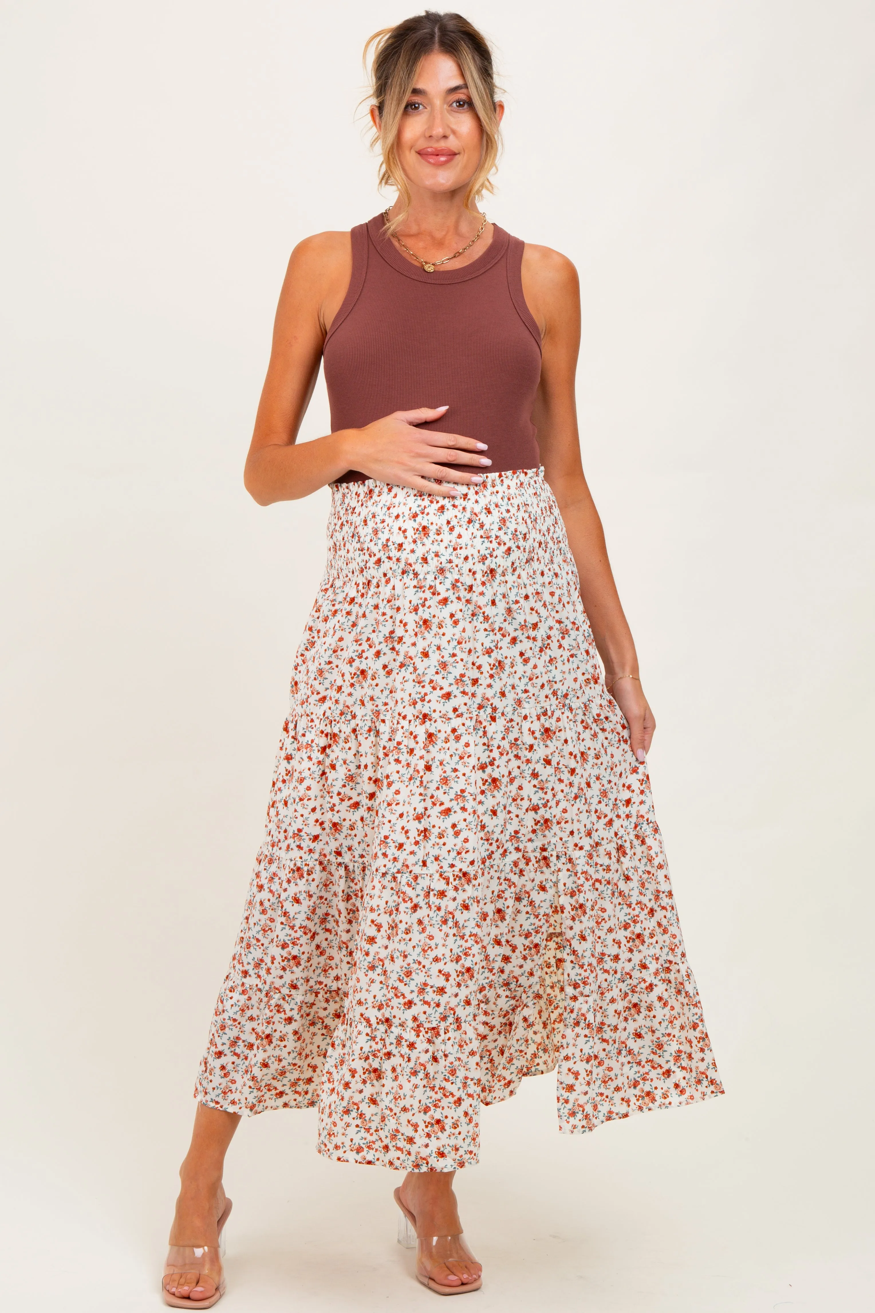 Ivory Floral Smocked Waist Maternity Maxi Skirt sold by Pinkblush