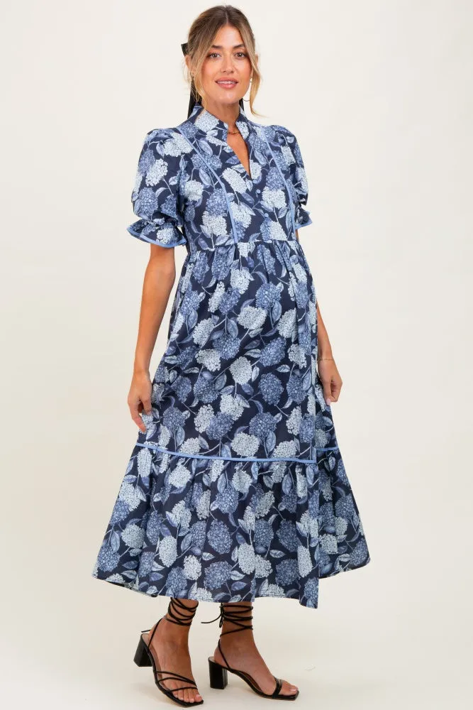 Navy Floral Split Button Collar Puff Sleeve Maternity Midi Dress sold by Pinkblush product image thumbnail 2