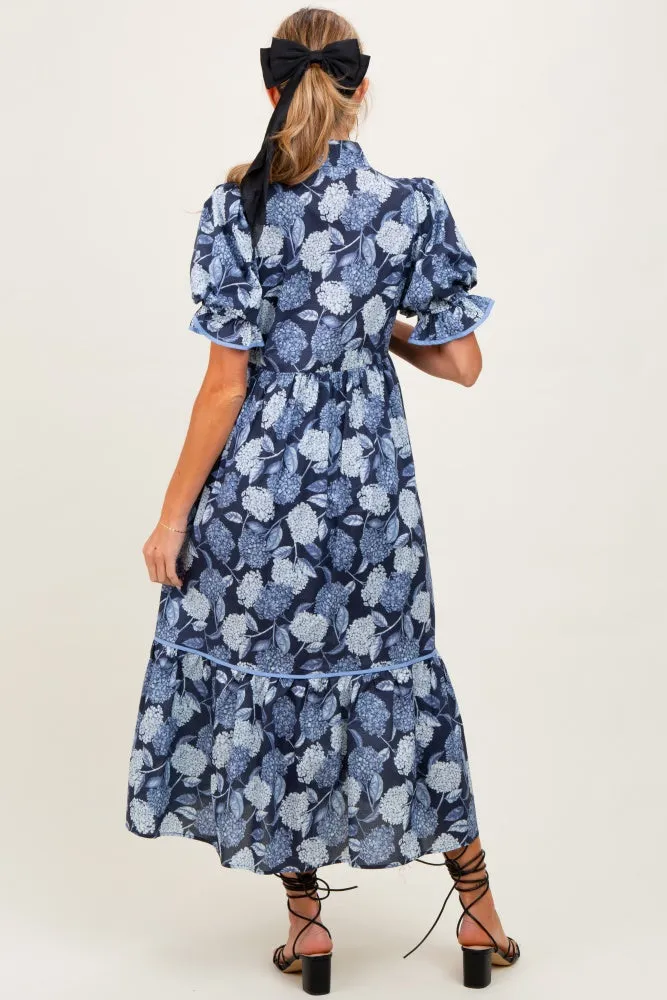 Navy Floral Split Button Collar Puff Sleeve Maternity Midi Dress sold by Pinkblush product image thumbnail 3