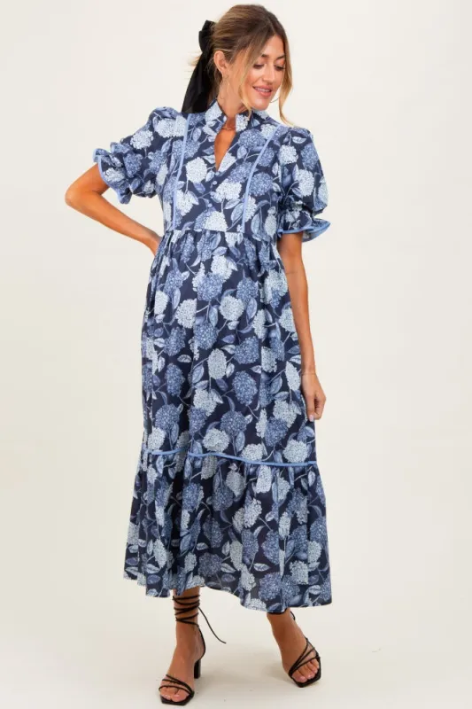 Navy Floral Split Button Collar Puff Sleeve Maternity Midi Dress sold by Pinkblush