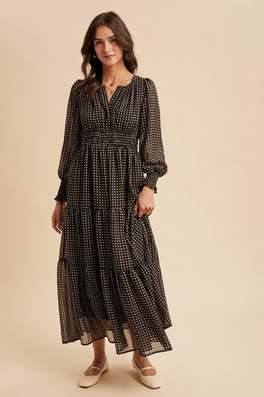 Black Printed Smocked Waist Tiered Maxi Dress sold by Pinkblush