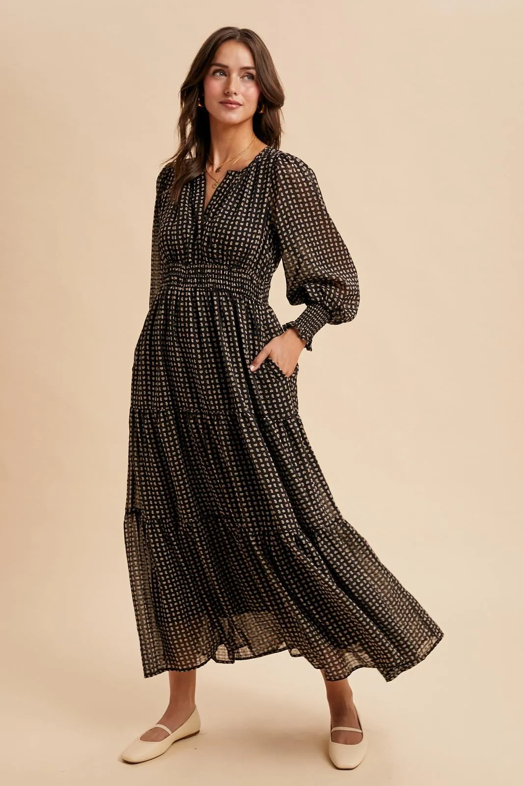 Black Printed Smocked Waist Tiered Maxi Dress sold by Pinkblush product image thumbnail 5