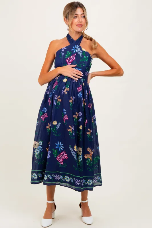 Navy Multi Floral Maternity Maxi Dress sold by Pinkblush