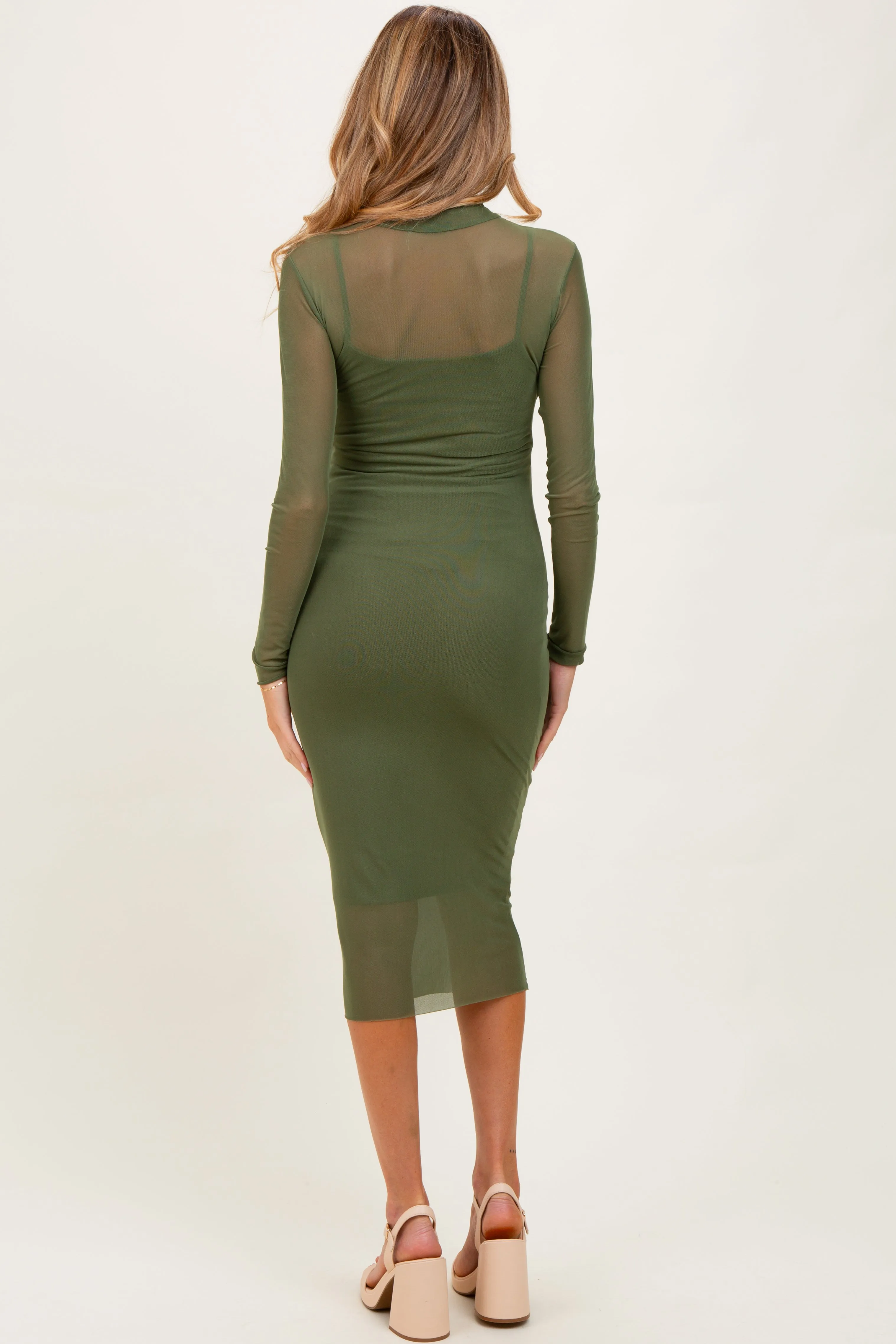 Olive Green Mesh Overlay Fitted Maternity Midi Dress sold by Pinkblush product image thumbnail 4