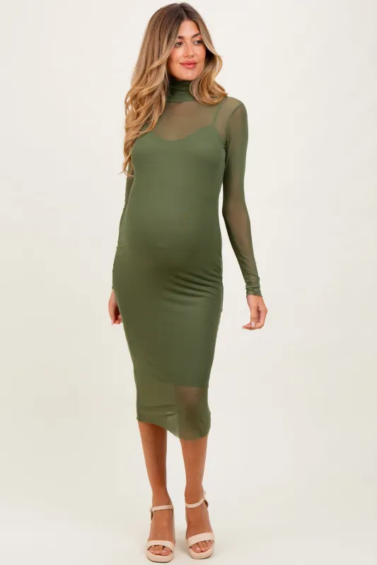 Olive Green Mesh Overlay Fitted Maternity Midi Dress sold by Pinkblush