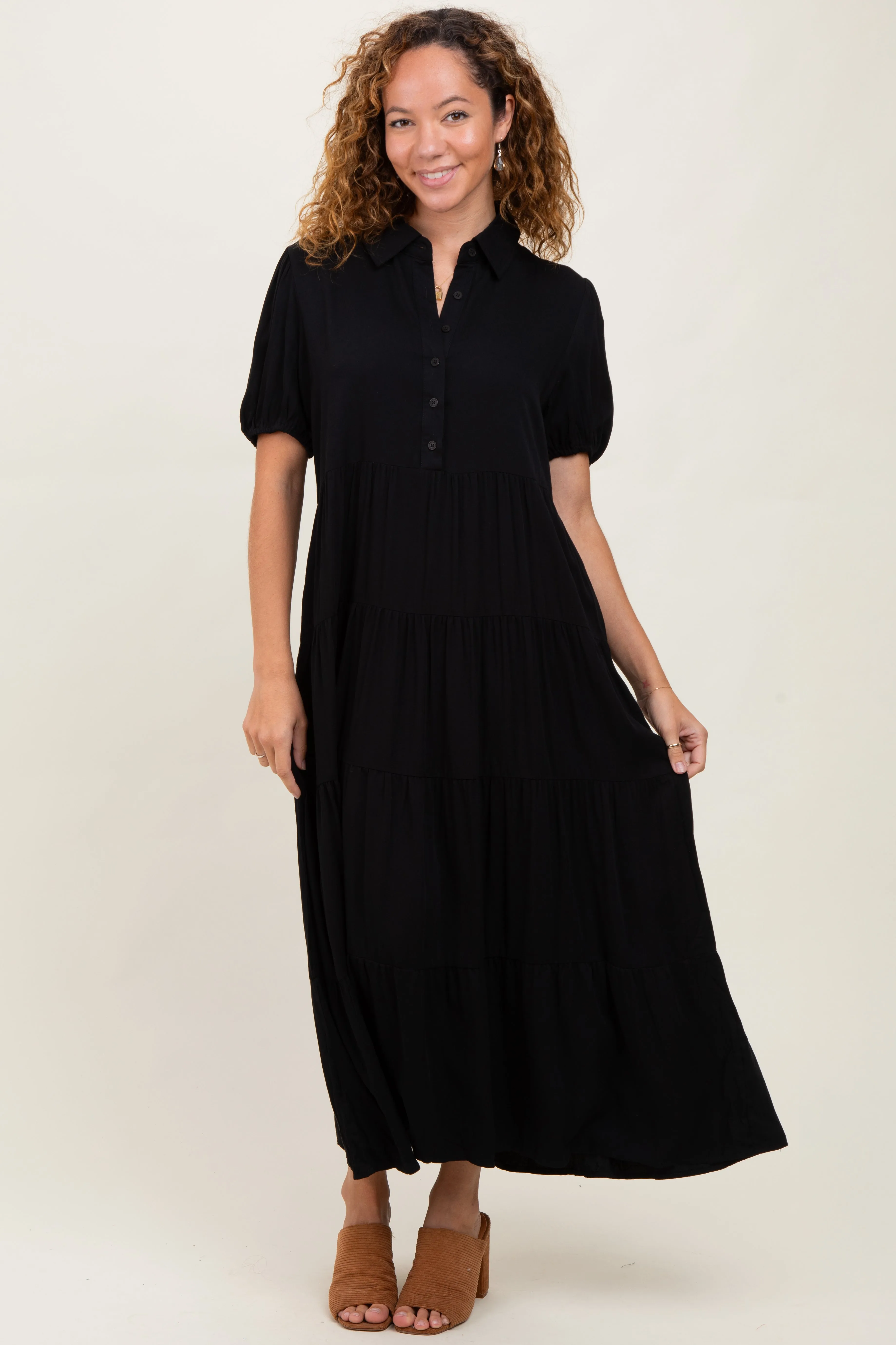 Black Collared Button Down Tiered Maternity Midi Dress sold by Pinkblush product image thumbnail 4
