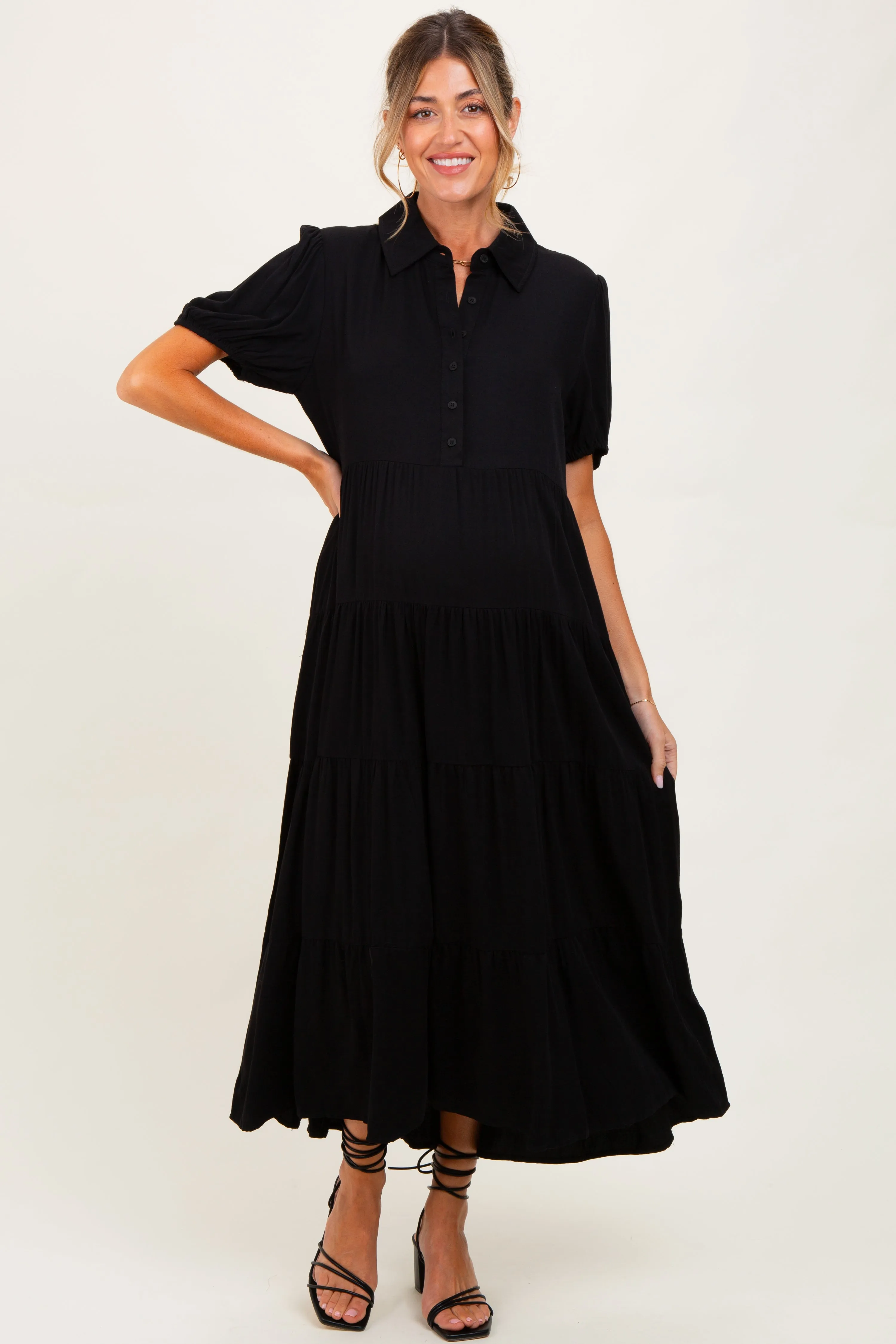 Black Collared Button Down Tiered Maternity Midi Dress sold by Pinkblush