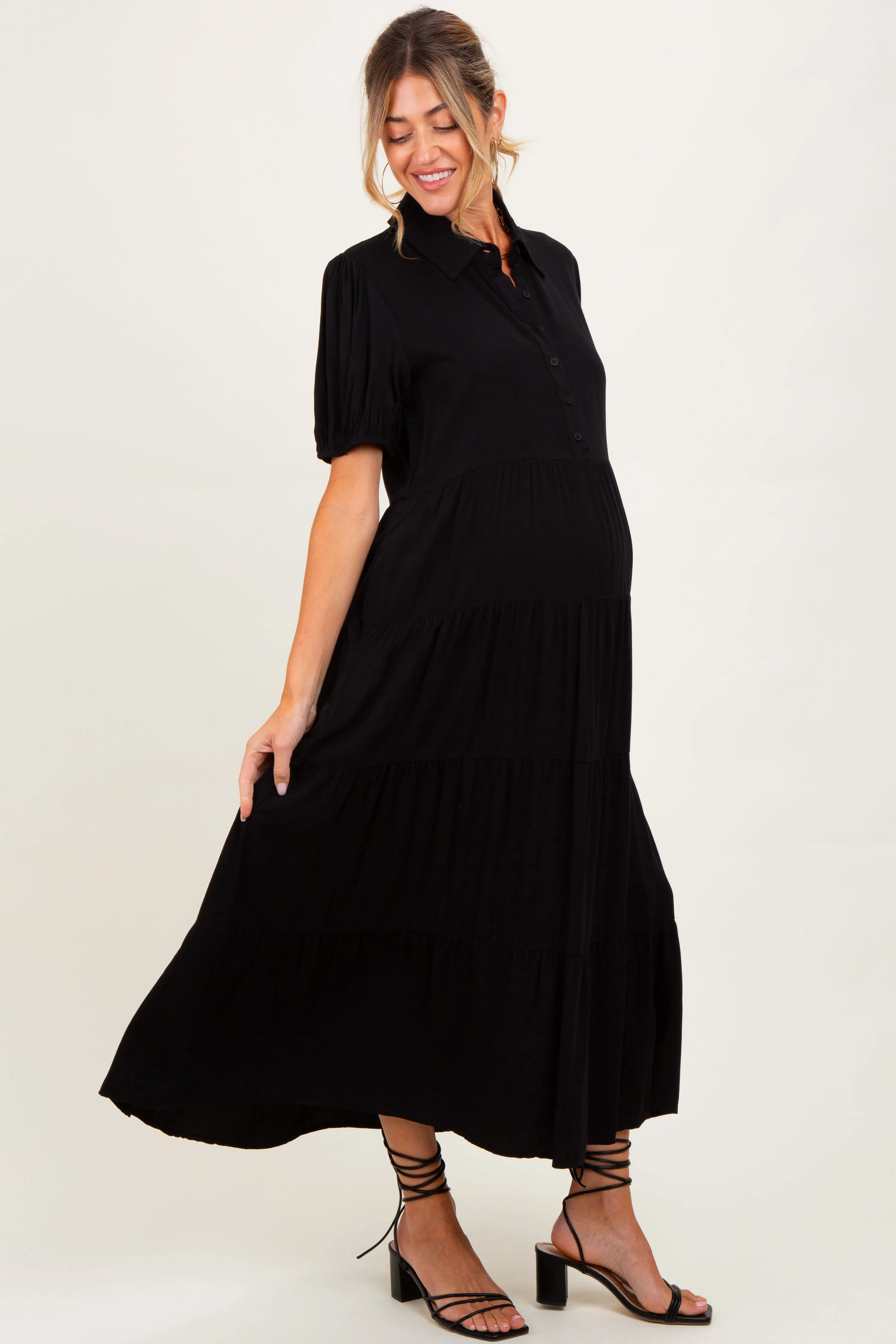 Black Collared Button Down Tiered Maternity Midi Dress sold by Pinkblush product image thumbnail 2