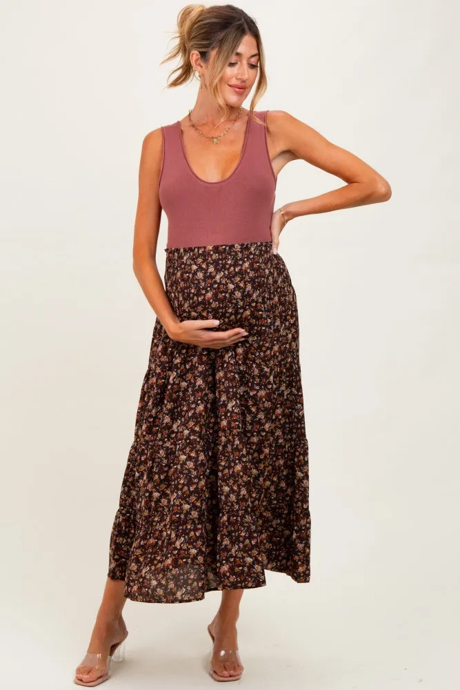 Brown Floral Smocked Waist Maternity Maxi Skirt sold by Pinkblush product image thumbnail 2