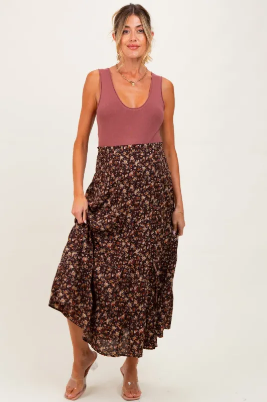 Brown Floral Smocked Waist Maternity Maxi Skirt sold by Pinkblush