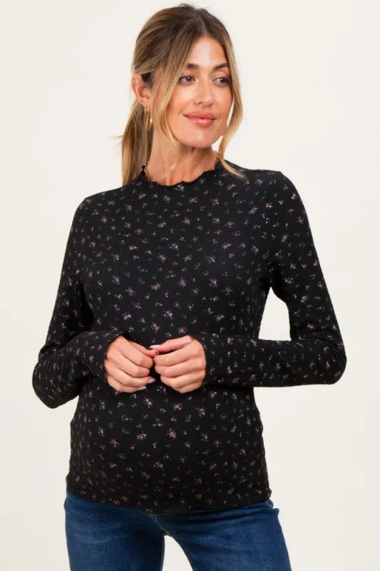 Black Floral Crinkled Texture High Neck Maternity Long Sleeve sold by Pinkblush