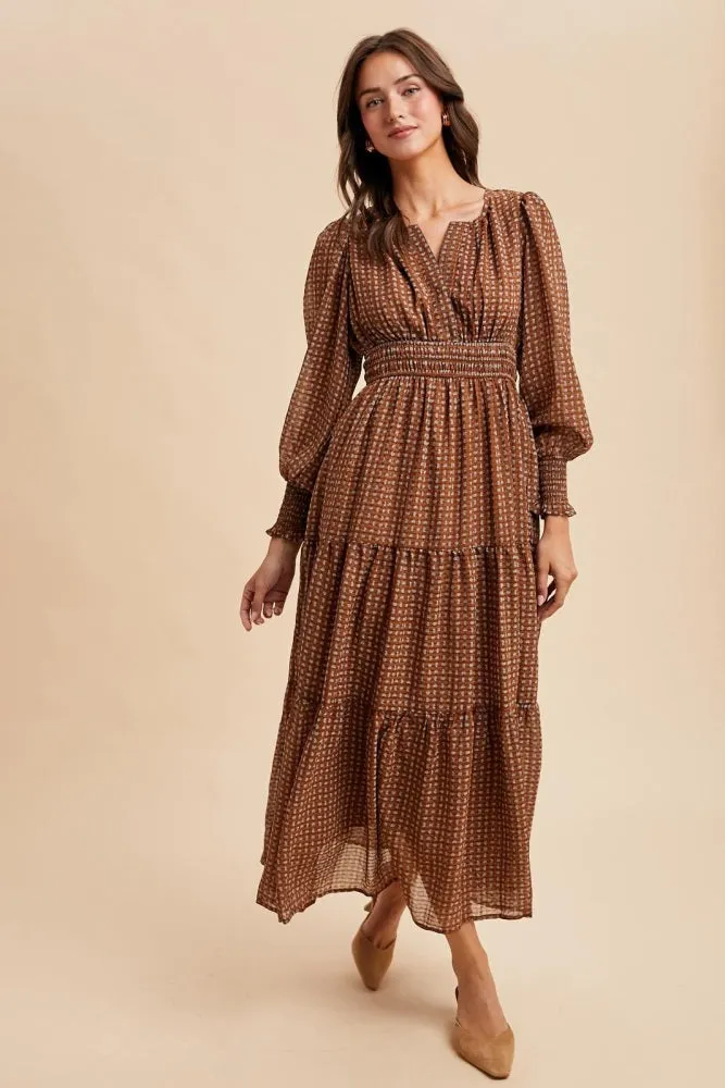 Mocha Printed Smocked Waist Tiered Maxi Dress sold by Pinkblush product image thumbnail 3
