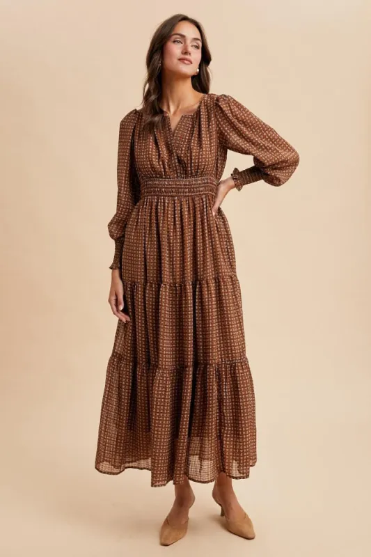 Mocha Printed Smocked Waist Tiered Maxi Dress sold by Pinkblush