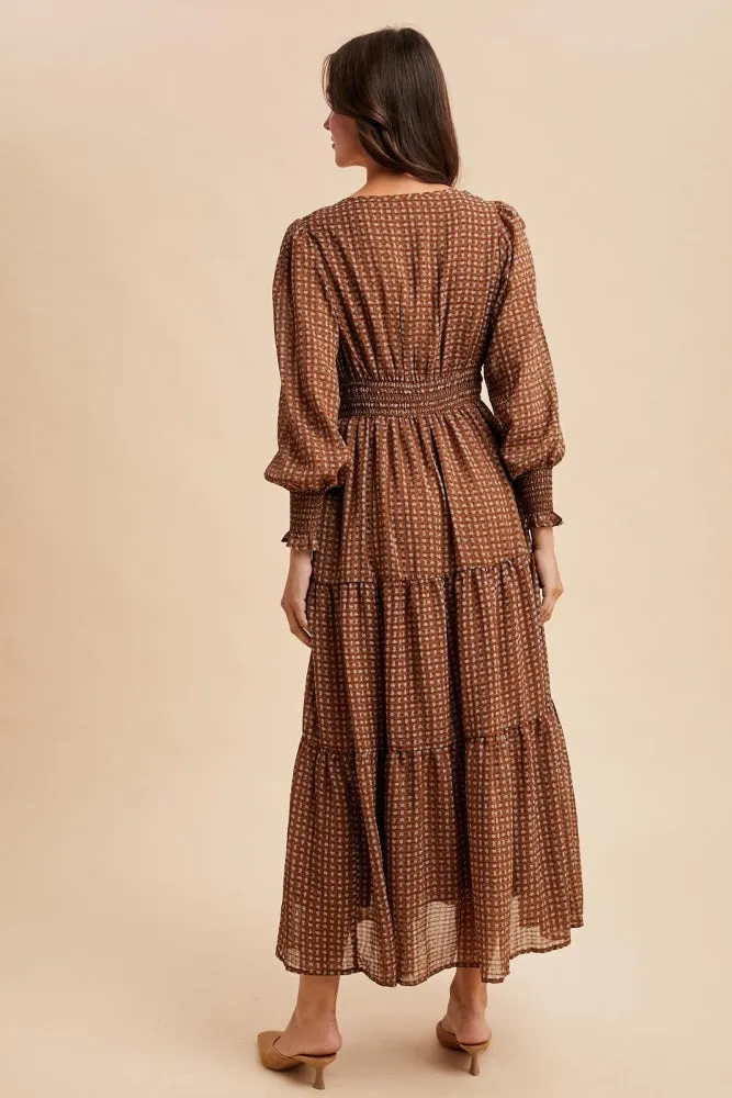 Mocha Printed Smocked Waist Tiered Maxi Dress sold by Pinkblush product image thumbnail 5