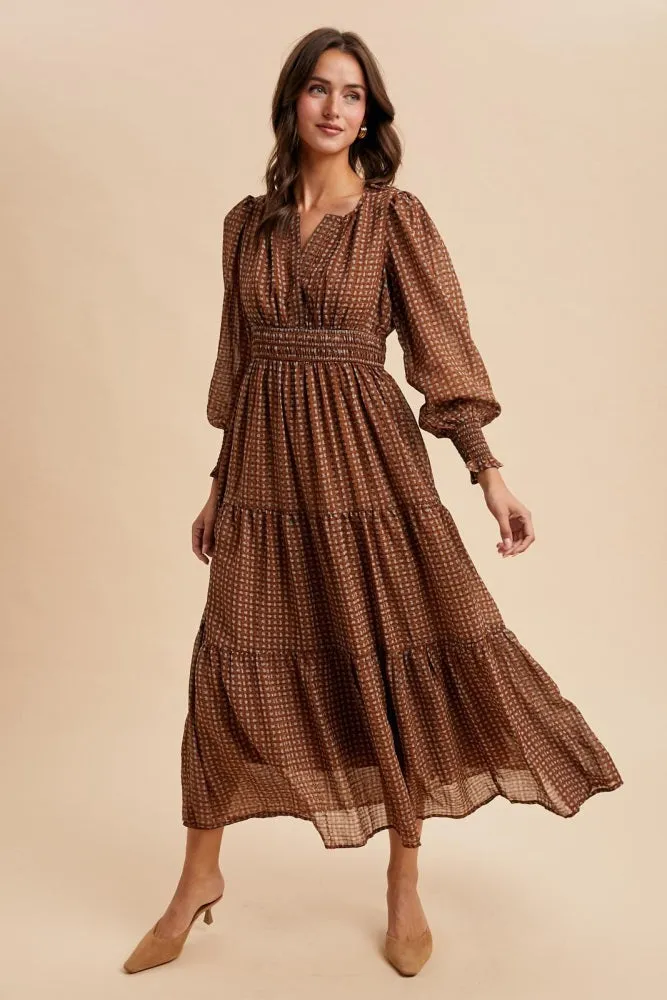 Mocha Printed Smocked Waist Tiered Maxi Dress sold by Pinkblush product image thumbnail 2