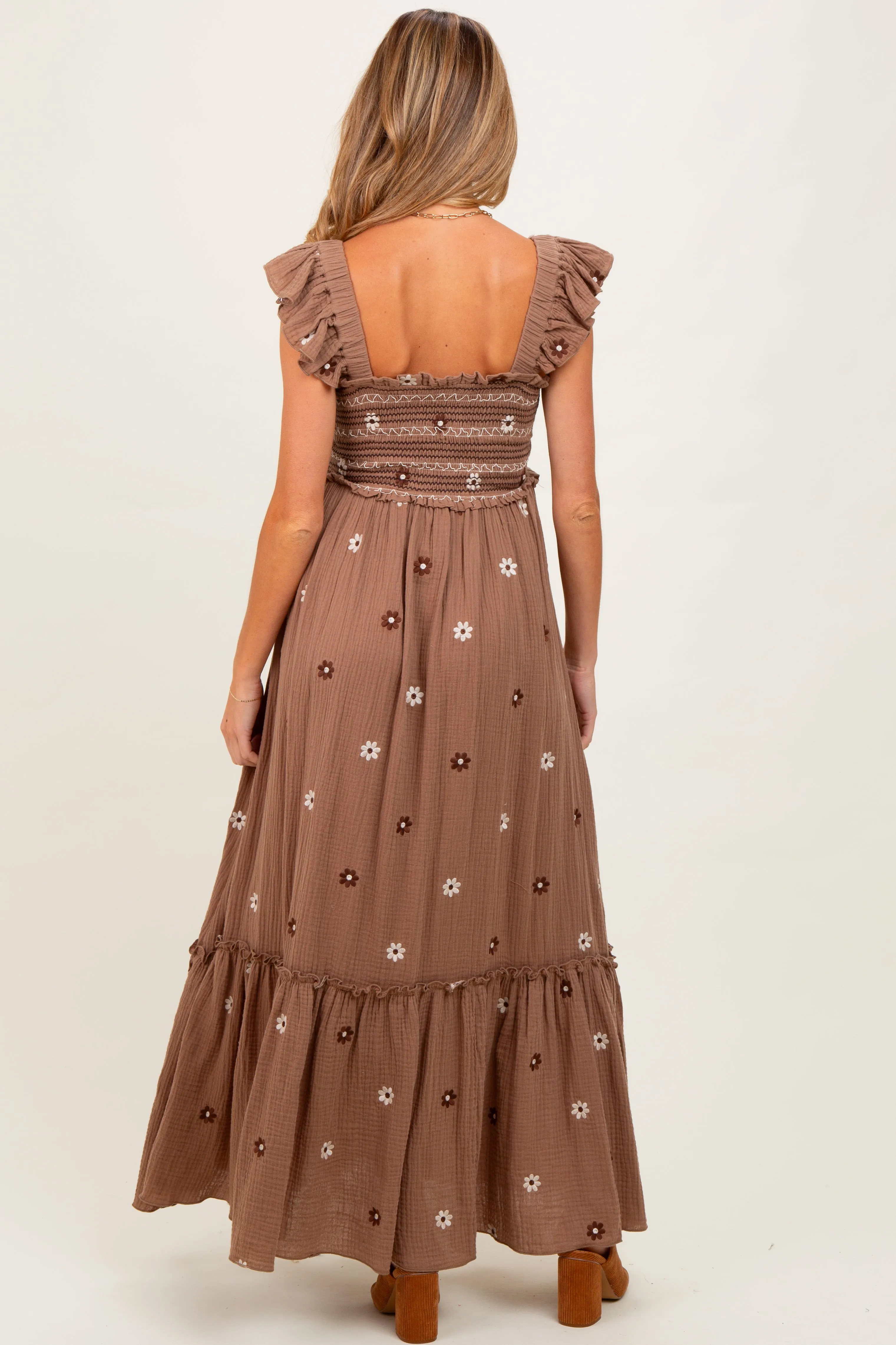 Mocha Floral Embroidered Smocked Maternity Maxi Dress sold by Pinkblush product image thumbnail 4