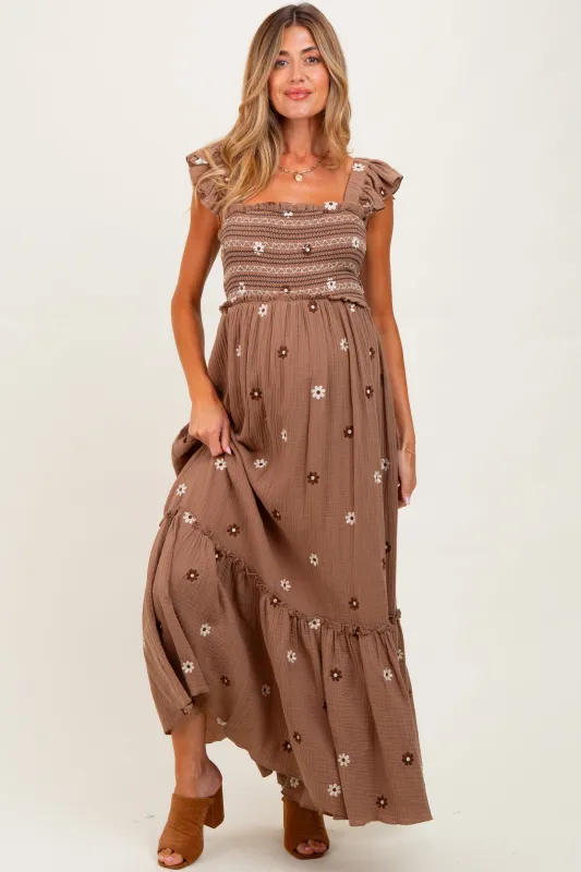 Mocha Floral Embroidered Smocked Maternity Maxi Dress sold by Pinkblush