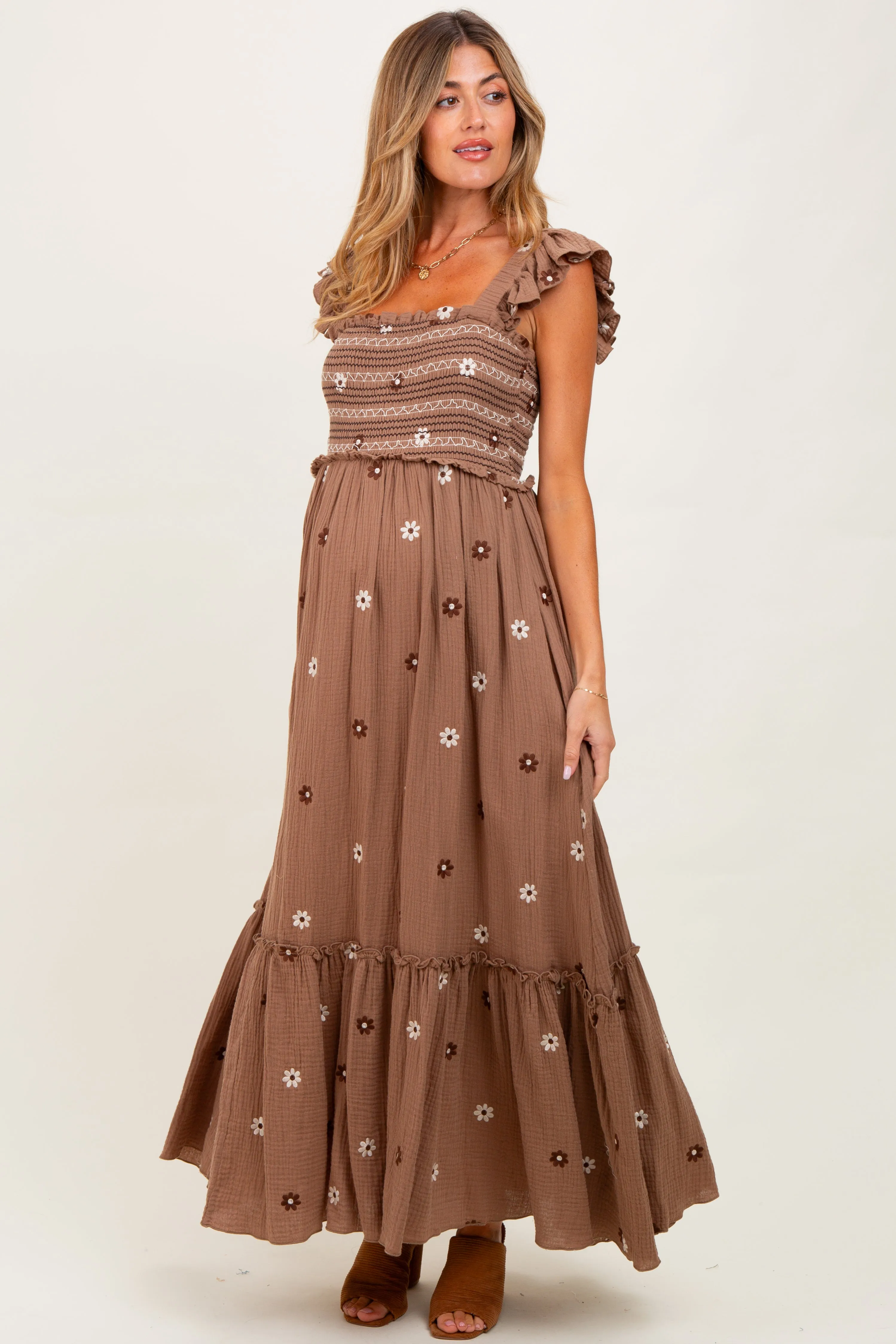 Mocha Floral Embroidered Smocked Maternity Maxi Dress sold by Pinkblush product image thumbnail 2