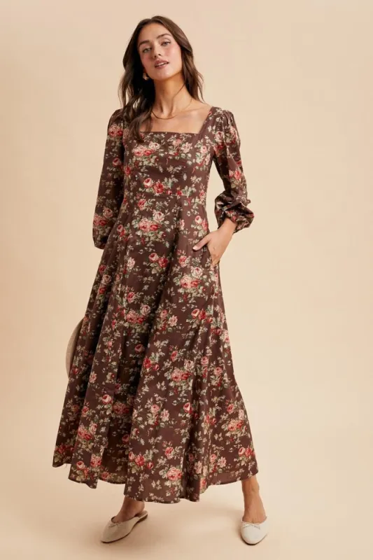 Brown Floral Square Neck Cotton Maxi Dress sold by Pinkblush